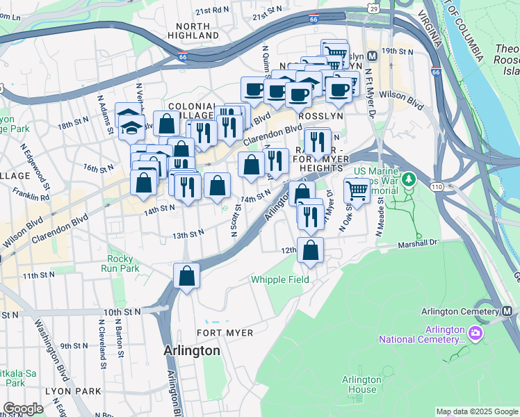 map of restaurants, bars, coffee shops, grocery stores, and more near 1727 Fairfax Drive in Arlington