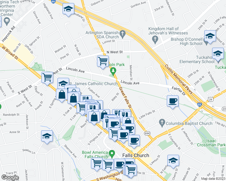 map of restaurants, bars, coffee shops, grocery stores, and more near 316 Pennsylvania Avenue in Falls Church
