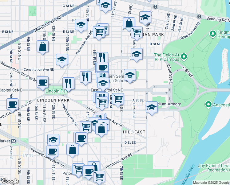 map of restaurants, bars, coffee shops, grocery stores, and more near 1613 East Capitol Street Southeast in Washington