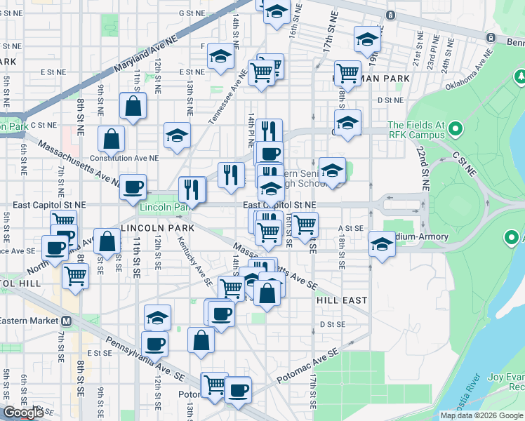 map of restaurants, bars, coffee shops, grocery stores, and more near 101 Independence Avenue Southeast in Washington