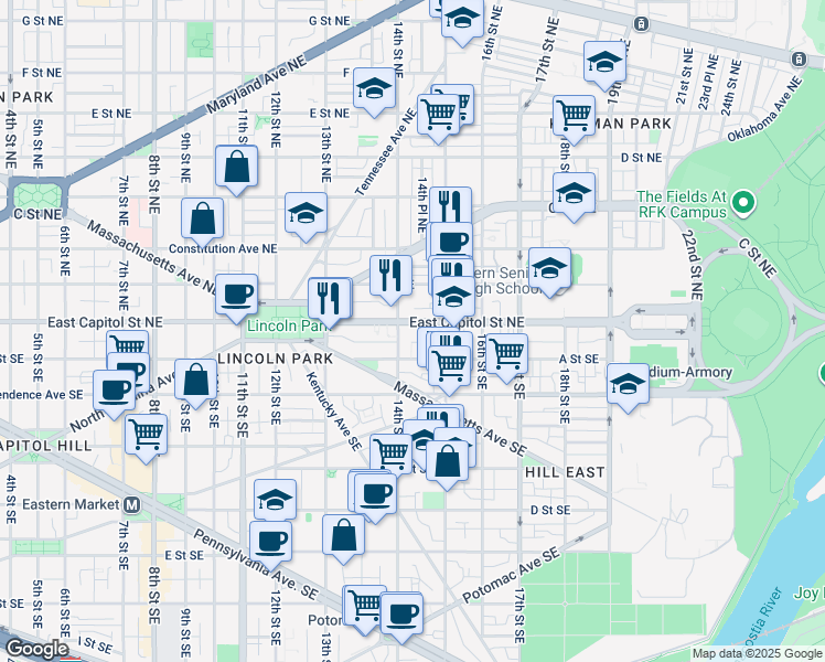 map of restaurants, bars, coffee shops, grocery stores, and more near 1413 East Capitol Street Southeast in Washington
