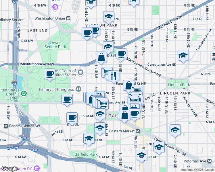 map of restaurants, bars, coffee shops, grocery stores, and more near 101 Independence Avenue Southeast in Washington