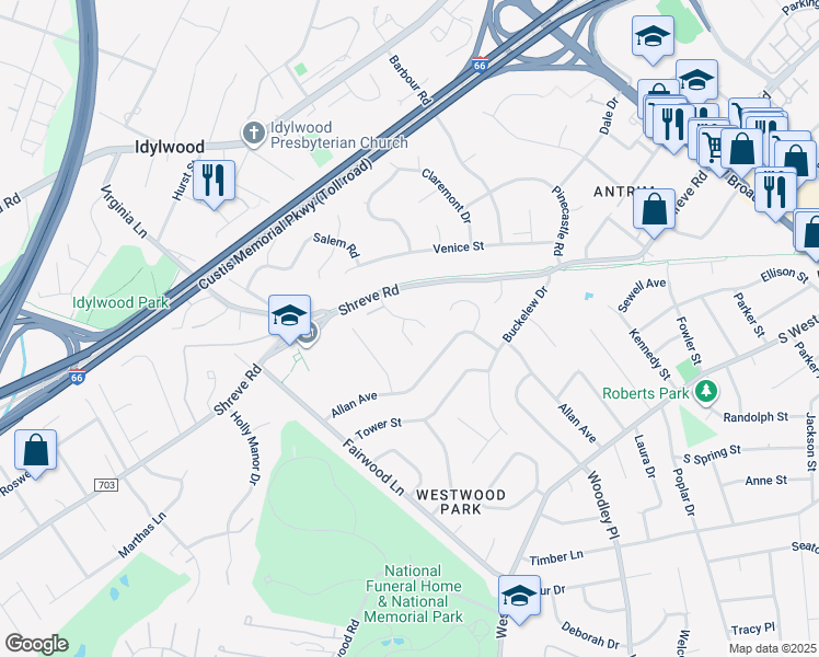 map of restaurants, bars, coffee shops, grocery stores, and more near 2509 Patricia Court in Falls Church