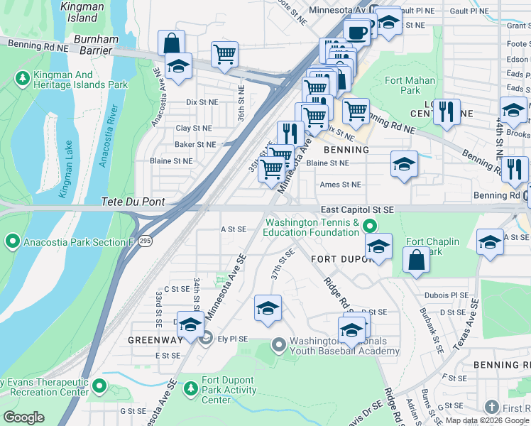 map of restaurants, bars, coffee shops, grocery stores, and more near 3692 Minnesota Ave SE in Washington
