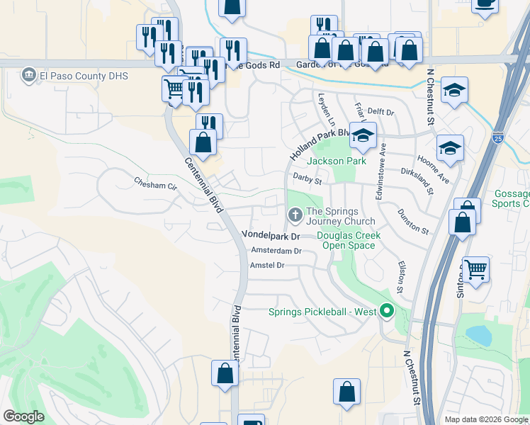 map of restaurants, bars, coffee shops, grocery stores, and more near 1025 Holli Springs Lane in Colorado Springs