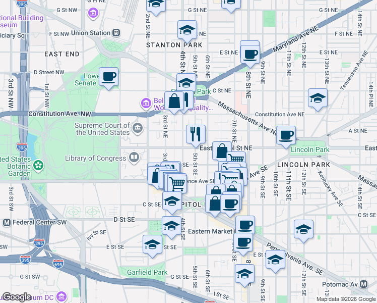 map of restaurants, bars, coffee shops, grocery stores, and more near 101 Independence Avenue Southeast in Washington