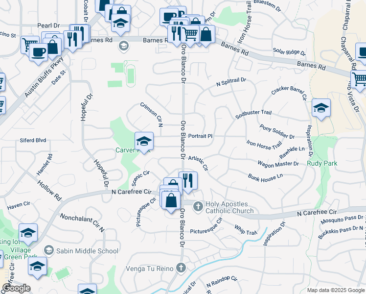 map of restaurants, bars, coffee shops, grocery stores, and more near Oro Blanco Drive & Crimson Circle South in Colorado Springs