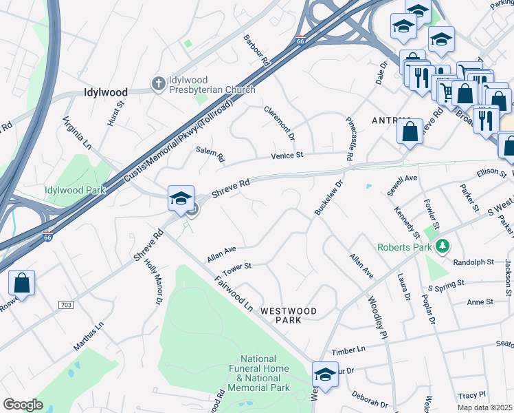 map of restaurants, bars, coffee shops, grocery stores, and more near 2509 Patricia Court in Falls Church