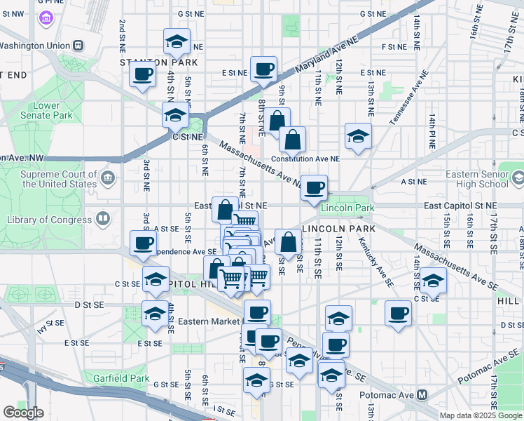 map of restaurants, bars, coffee shops, grocery stores, and more near 5 8th Street Southeast in Washington