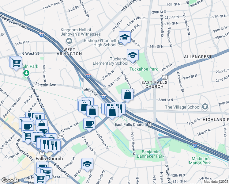 map of restaurants, bars, coffee shops, grocery stores, and more near 6845 Washington Boulevard in Arlington