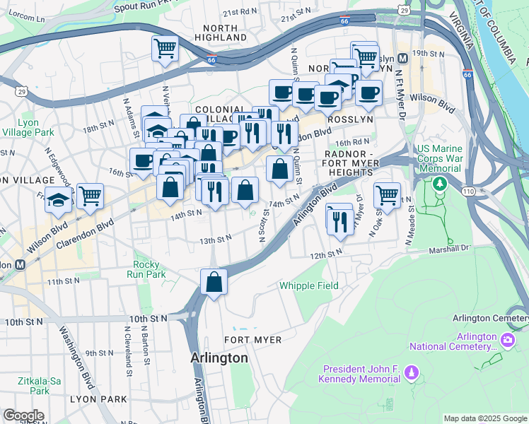 map of restaurants, bars, coffee shops, grocery stores, and more near 1410 N Scott St in Arlington