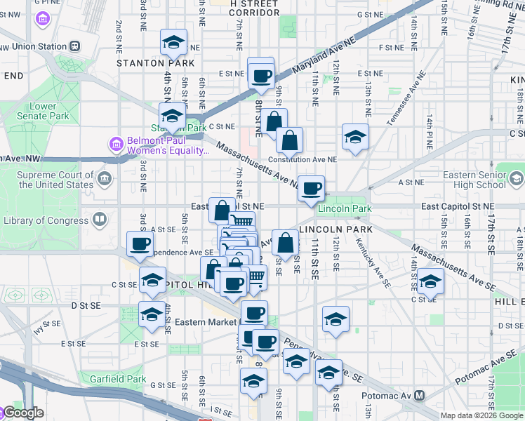 map of restaurants, bars, coffee shops, grocery stores, and more near 101 Independence Avenue Southeast in Washington