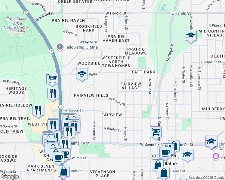 map of restaurants, bars, coffee shops, grocery stores, and more near 507 North Lincoln Street in Olathe