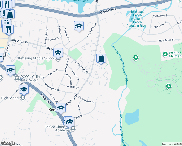 map of restaurants, bars, coffee shops, grocery stores, and more near 79 Kettering Dr in Upper Marlboro