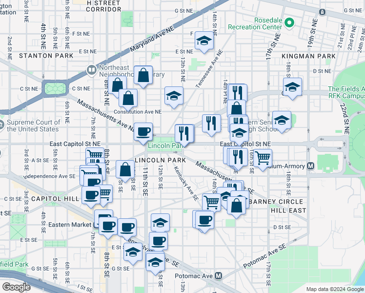 map of restaurants, bars, coffee shops, grocery stores, and more near East Capitol Street Southeast & 13th Street Northeast in Washington
