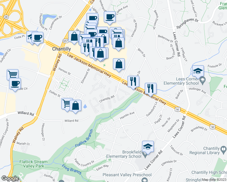 map of restaurants, bars, coffee shops, grocery stores, and more near 4042 Spring Run Court in Chantilly