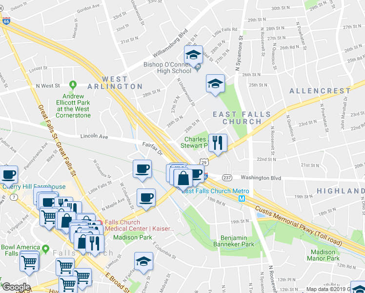 map of restaurants, bars, coffee shops, grocery stores, and more near 6849 Washington Boulevard in Arlington