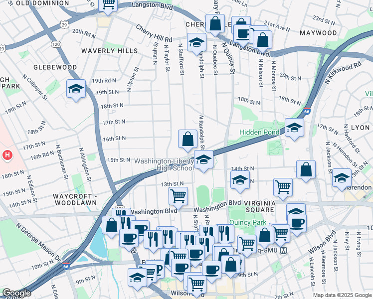 map of restaurants, bars, coffee shops, grocery stores, and more near North Stafford Street in Arlington