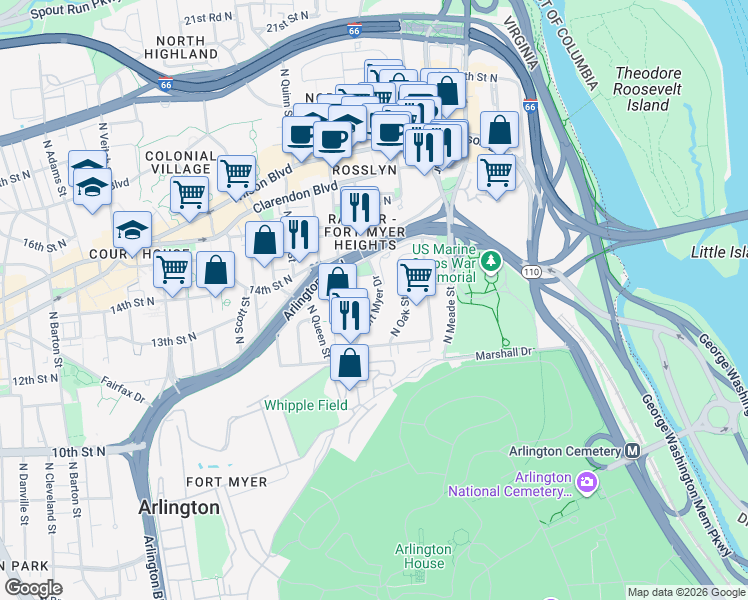 map of restaurants, bars, coffee shops, grocery stores, and more near 101 Independence Avenue Southeast in Washington