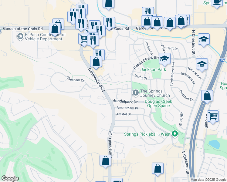 map of restaurants, bars, coffee shops, grocery stores, and more near 1065 Holli Springs Lane in Colorado Springs