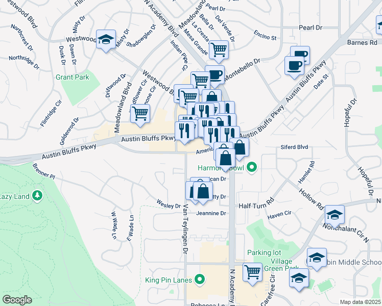 map of restaurants, bars, coffee shops, grocery stores, and more near American Drive in Colorado Springs
