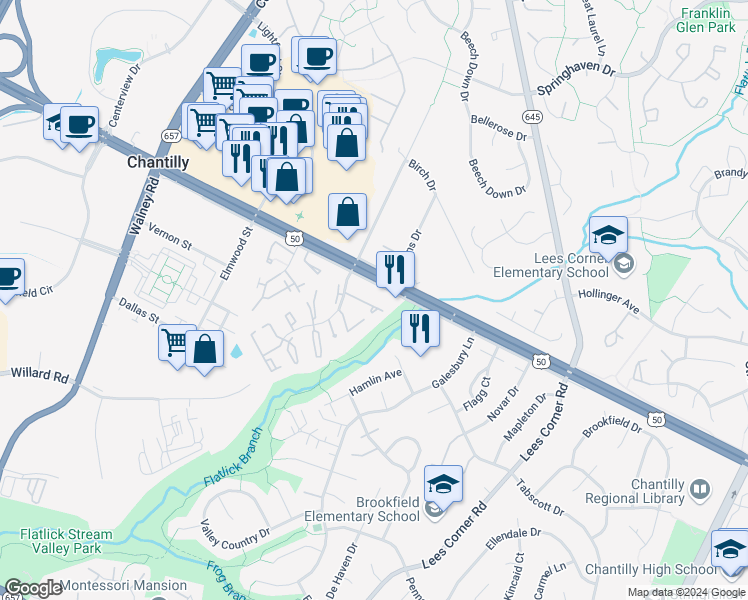 map of restaurants, bars, coffee shops, grocery stores, and more near 13722 Autumn Vale Court in Chantilly