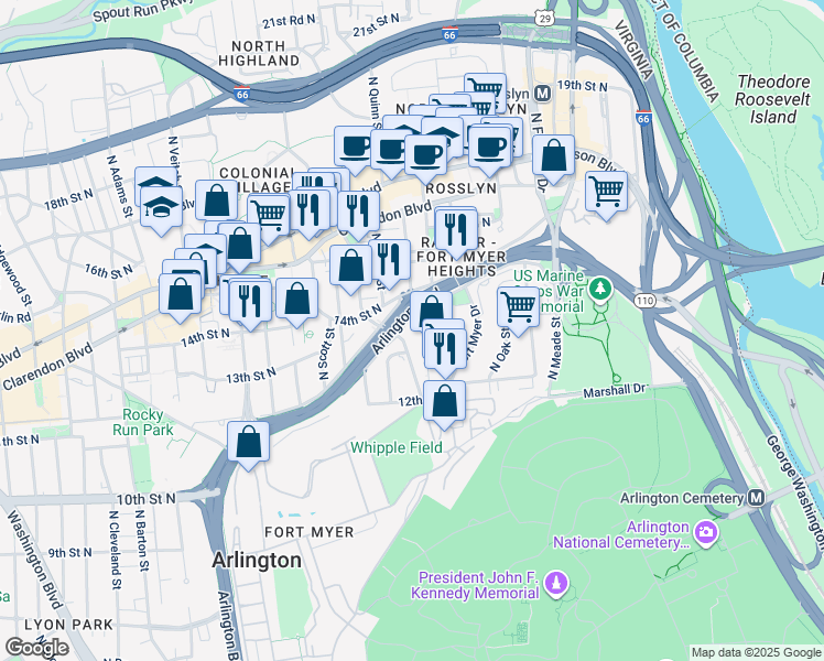 map of restaurants, bars, coffee shops, grocery stores, and more near 1614 Arlington Boulevard in Arlington