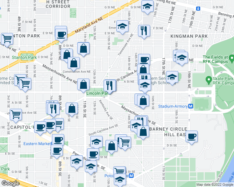 map of restaurants, bars, coffee shops, grocery stores, and more near 1341 East Capitol Street Southeast in Washington