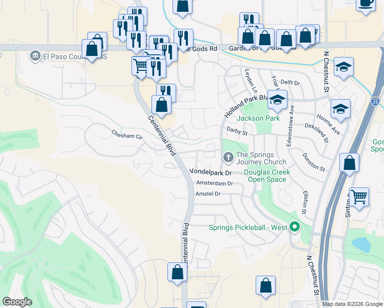 map of restaurants, bars, coffee shops, grocery stores, and more near 1065 Holli Springs Lane in Colorado Springs