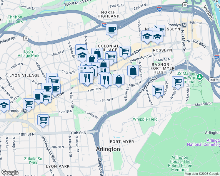 map of restaurants, bars, coffee shops, grocery stores, and more near 14th St N & N Troy St in Arlington