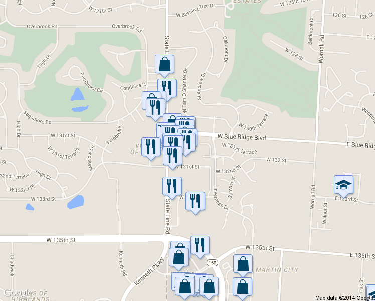 map of restaurants, bars, coffee shops, grocery stores, and more near 13131 State Line Road in Kansas City