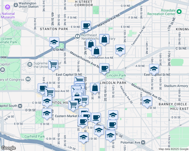 map of restaurants, bars, coffee shops, grocery stores, and more near 101 Independence Avenue Southeast in Washington
