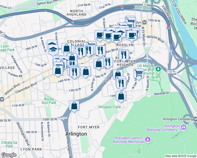 map of restaurants, bars, coffee shops, grocery stores, and more near 1353 North Rolfe Street in Arlington