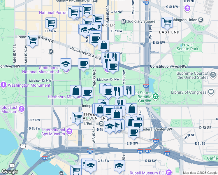 map of restaurants, bars, coffee shops, grocery stores, and more near in Washington