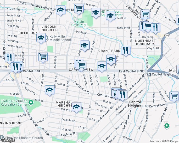 map of restaurants, bars, coffee shops, grocery stores, and more near East Capitol St SE & 54th St SE in Washington