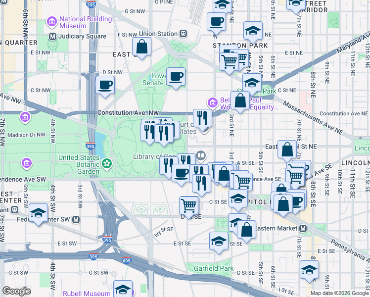 map of restaurants, bars, coffee shops, grocery stores, and more near 101 Independence Avenue Southeast in Washington