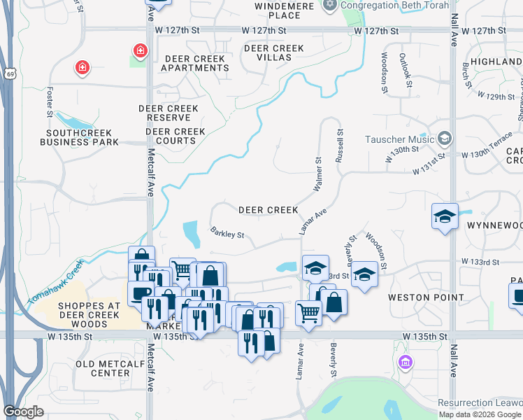 map of restaurants, bars, coffee shops, grocery stores, and more near 6515 West 132nd Street in Leawood