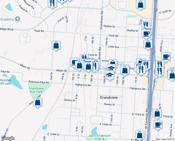 map of restaurants, bars, coffee shops, grocery stores, and more near 708 Main Street in Grandview