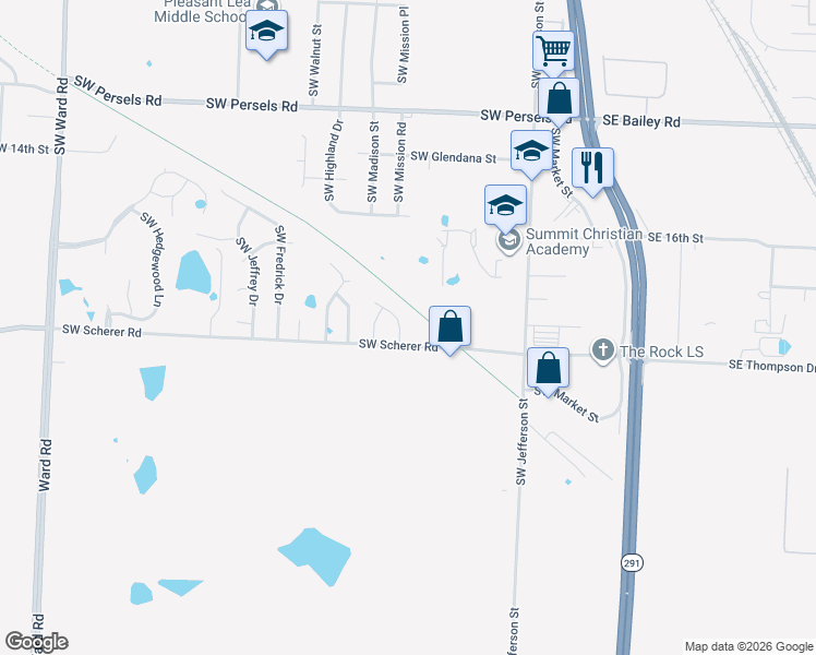 map of restaurants, bars, coffee shops, grocery stores, and more near 1653 Southwest Mission Road in Lee's Summit