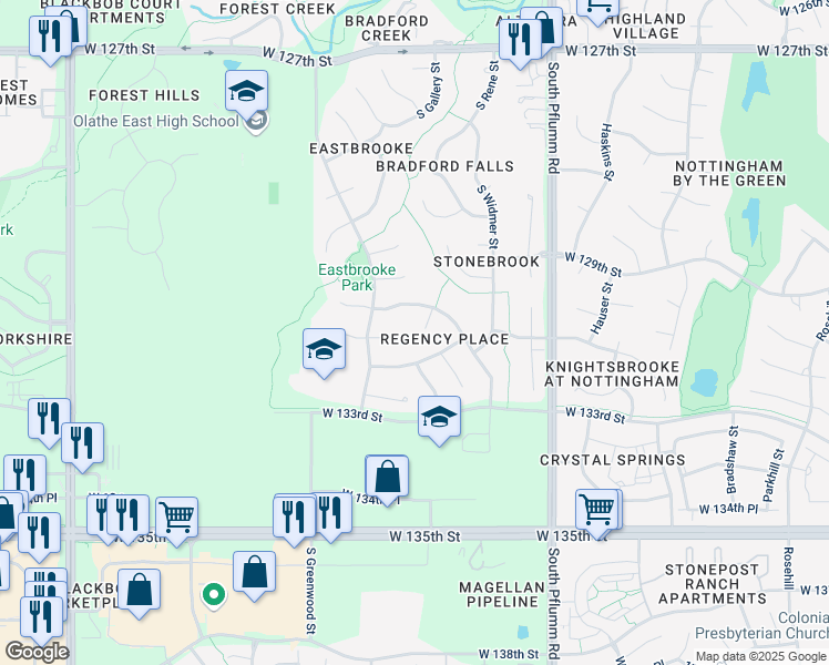 map of restaurants, bars, coffee shops, grocery stores, and more near 13866 West 131st Terrace in Olathe