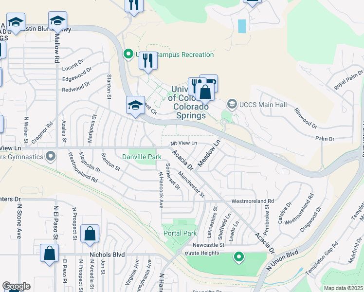 map of restaurants, bars, coffee shops, grocery stores, and more near 1225 Acacia Drive in Colorado Springs