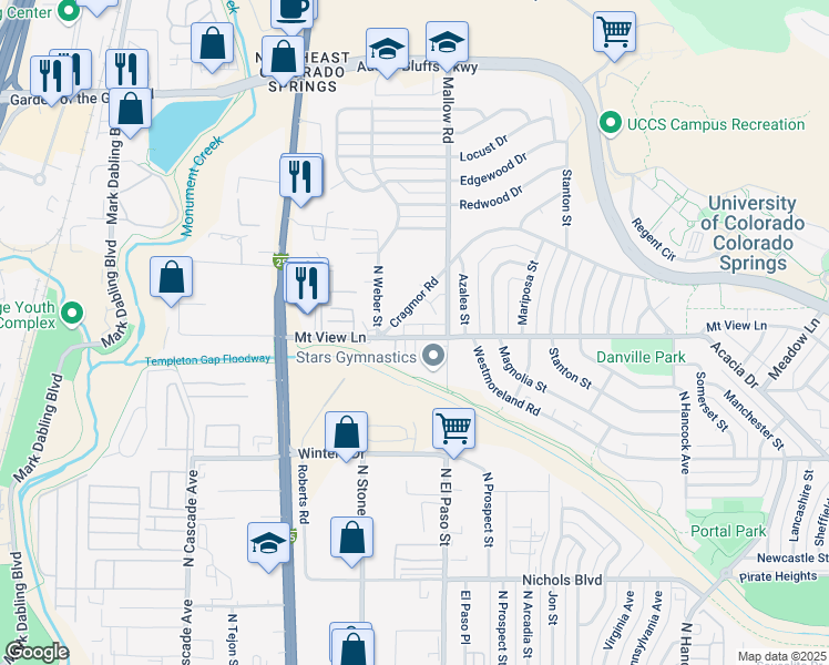 map of restaurants, bars, coffee shops, grocery stores, and more near 309 Mount View Lane in Colorado Springs