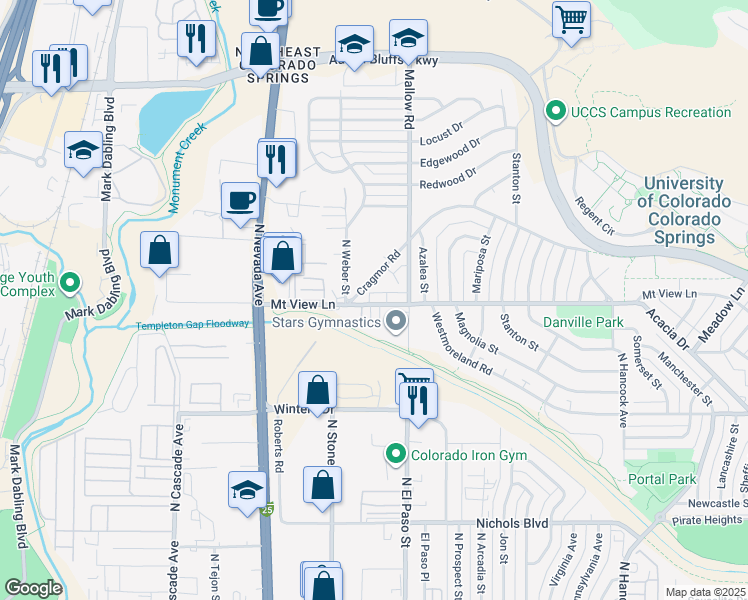 map of restaurants, bars, coffee shops, grocery stores, and more near 309 Mount View Lane in Colorado Springs