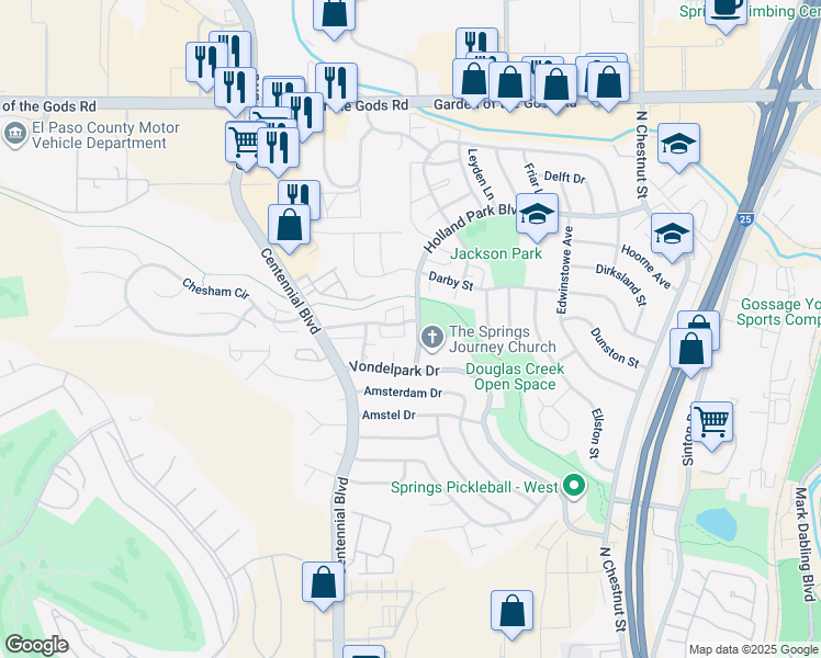 map of restaurants, bars, coffee shops, grocery stores, and more near 3945 Vondelpark Place in Colorado Springs