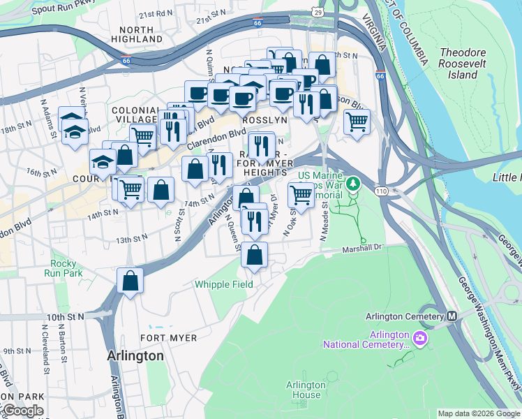 map of restaurants, bars, coffee shops, grocery stores, and more near 101 Independence Avenue Southeast in Washington