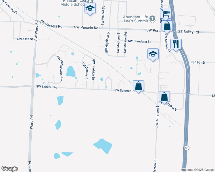 map of restaurants, bars, coffee shops, grocery stores, and more near 1652 Southwest Highland Drive in Lee's Summit