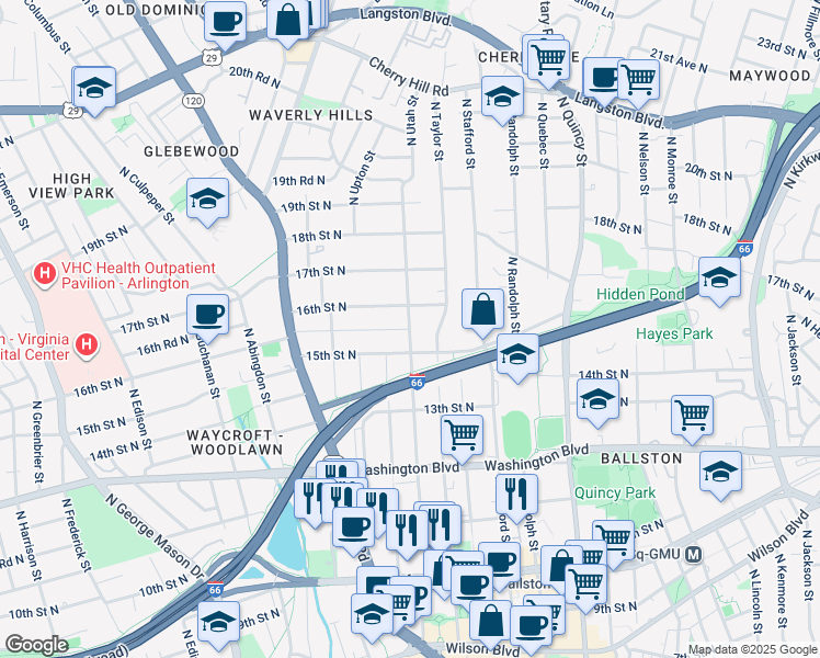 map of restaurants, bars, coffee shops, grocery stores, and more near North Utah Street in Arlington