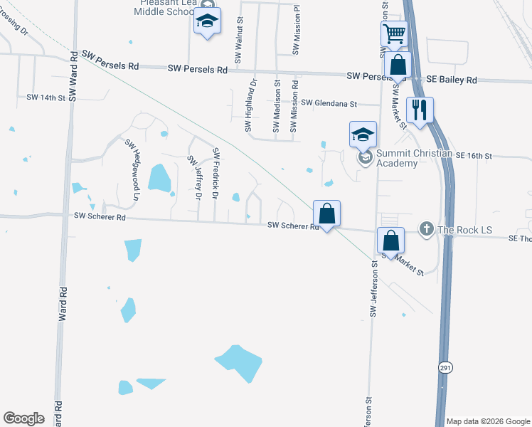 map of restaurants, bars, coffee shops, grocery stores, and more near 1653 Southwest Highland Drive in Lee's Summit