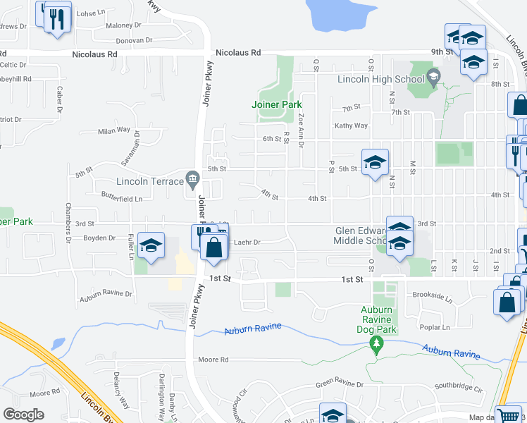 map of restaurants, bars, coffee shops, grocery stores, and more near 360 Susan Court in Lincoln