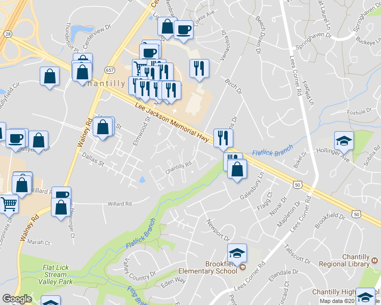 map of restaurants, bars, coffee shops, grocery stores, and more near 4040 Spring Run Court in Chantilly